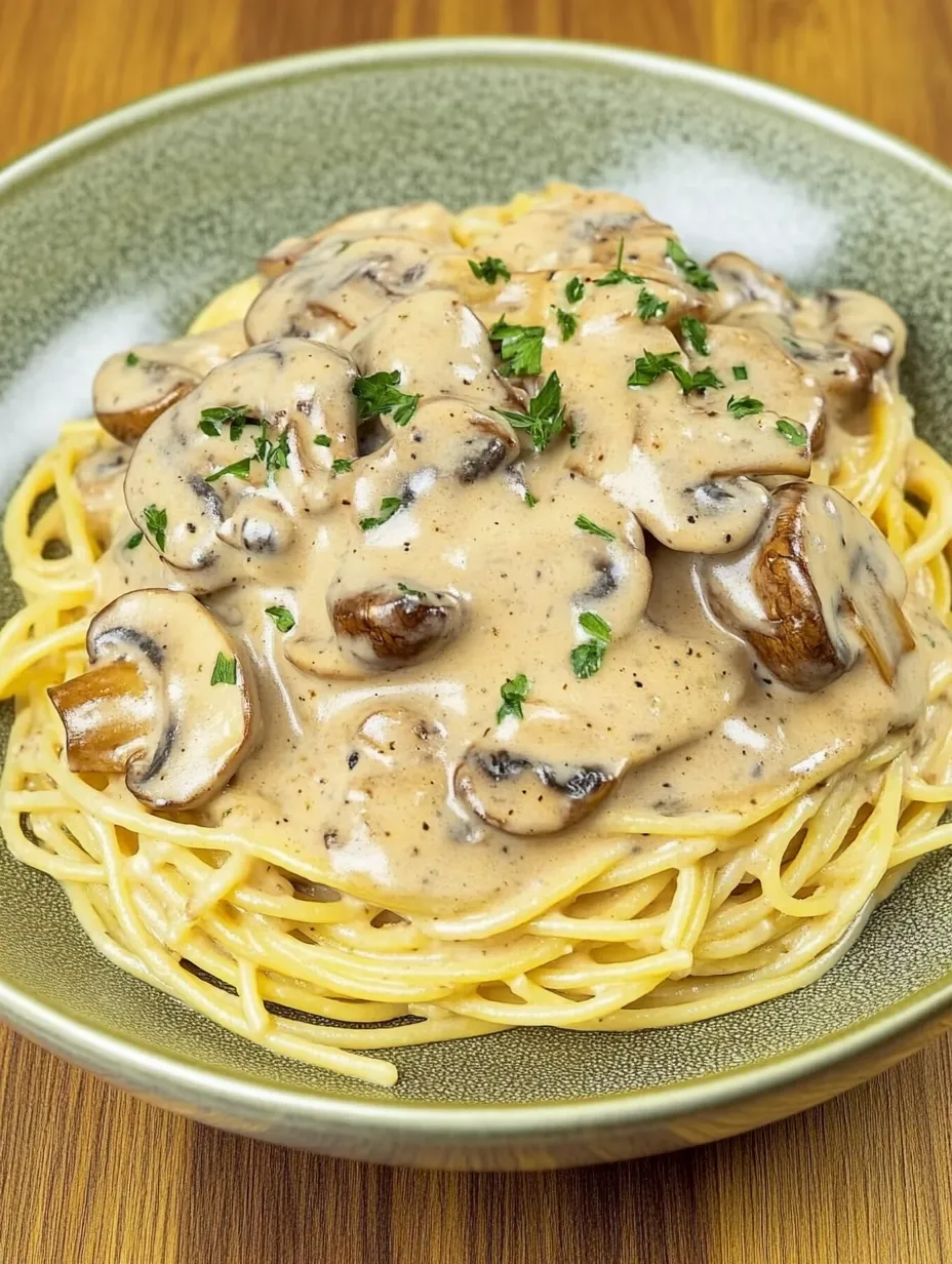Spaghettis nappés de sauce crémeuse aux champignons – Un air parfumé et tout doux