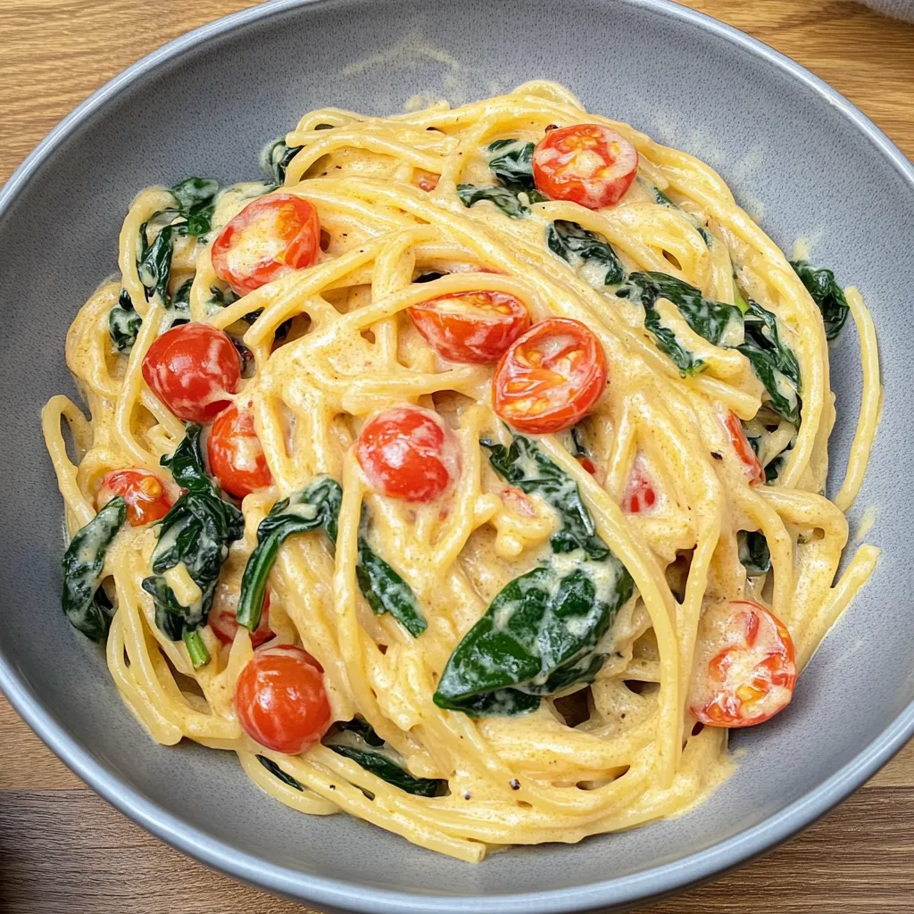 Pâtes crémeuses avec tomates et épinards