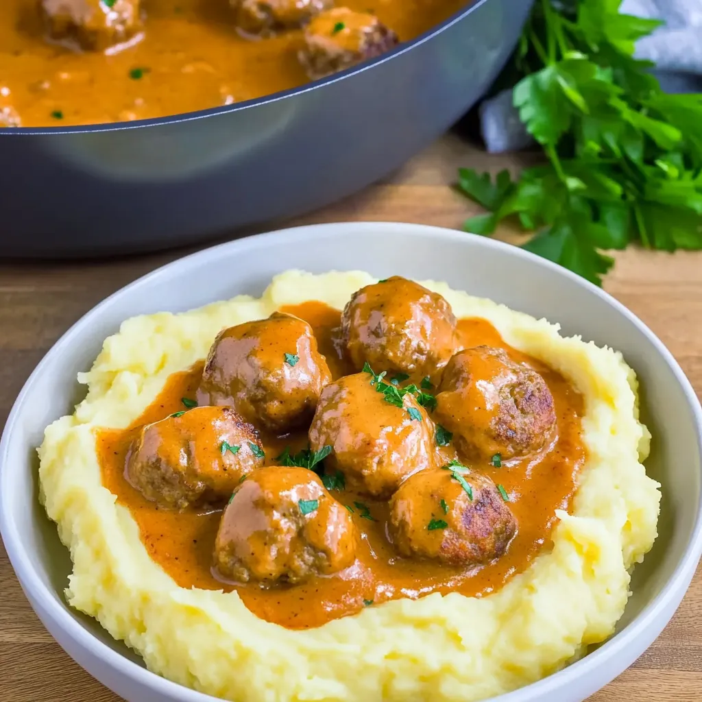 Juteuses boulettes en sauce crémeuse avec purée de pommes de terre