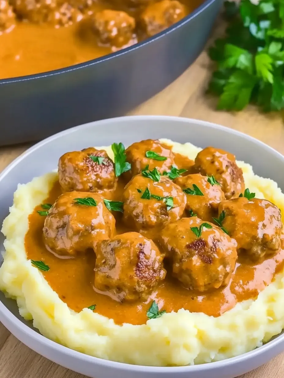 Délicieuses boulettes de viande en sauce crémeuse sur purée de pommes de terre