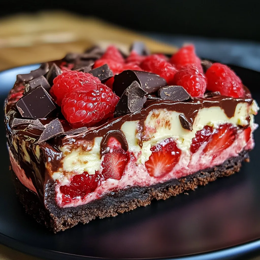 Cheesecake crémeux aux tourbillons de fraises et chocolat