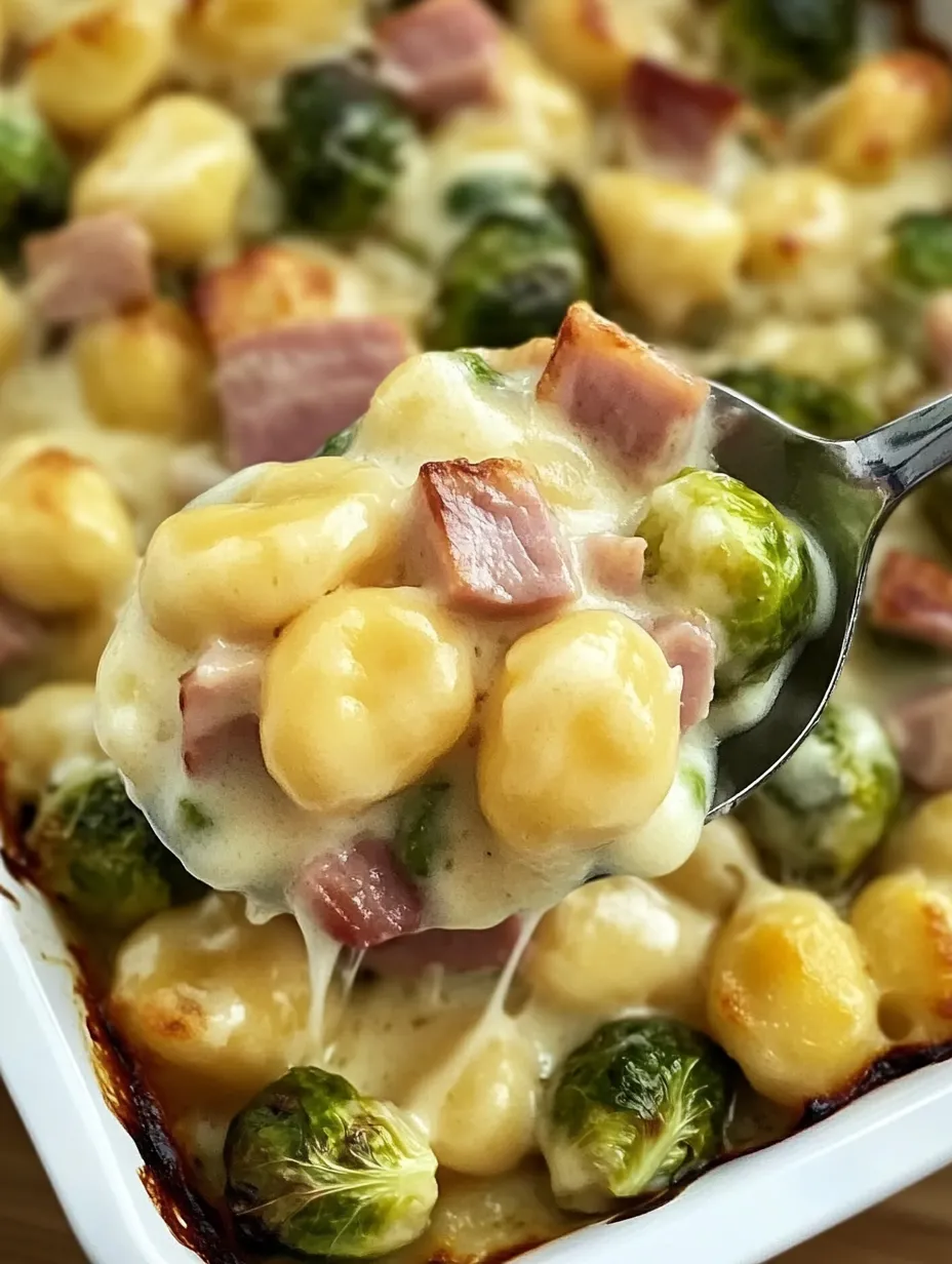 Gratin savoureux de gnocchi aux choux de Bruxelles et jambon