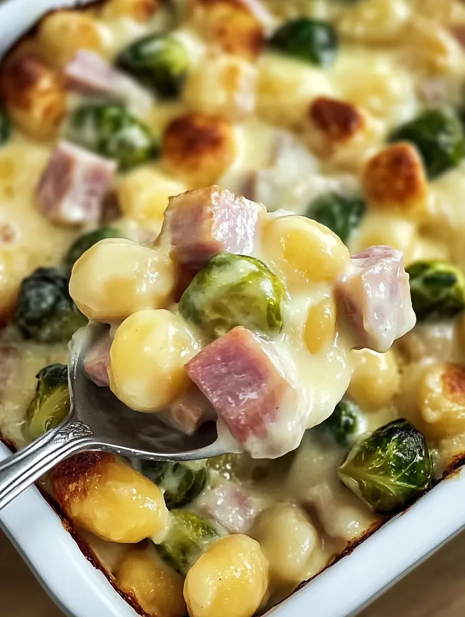 Gratin crémeux de gnocchi aux choux de Bruxelles et jambon