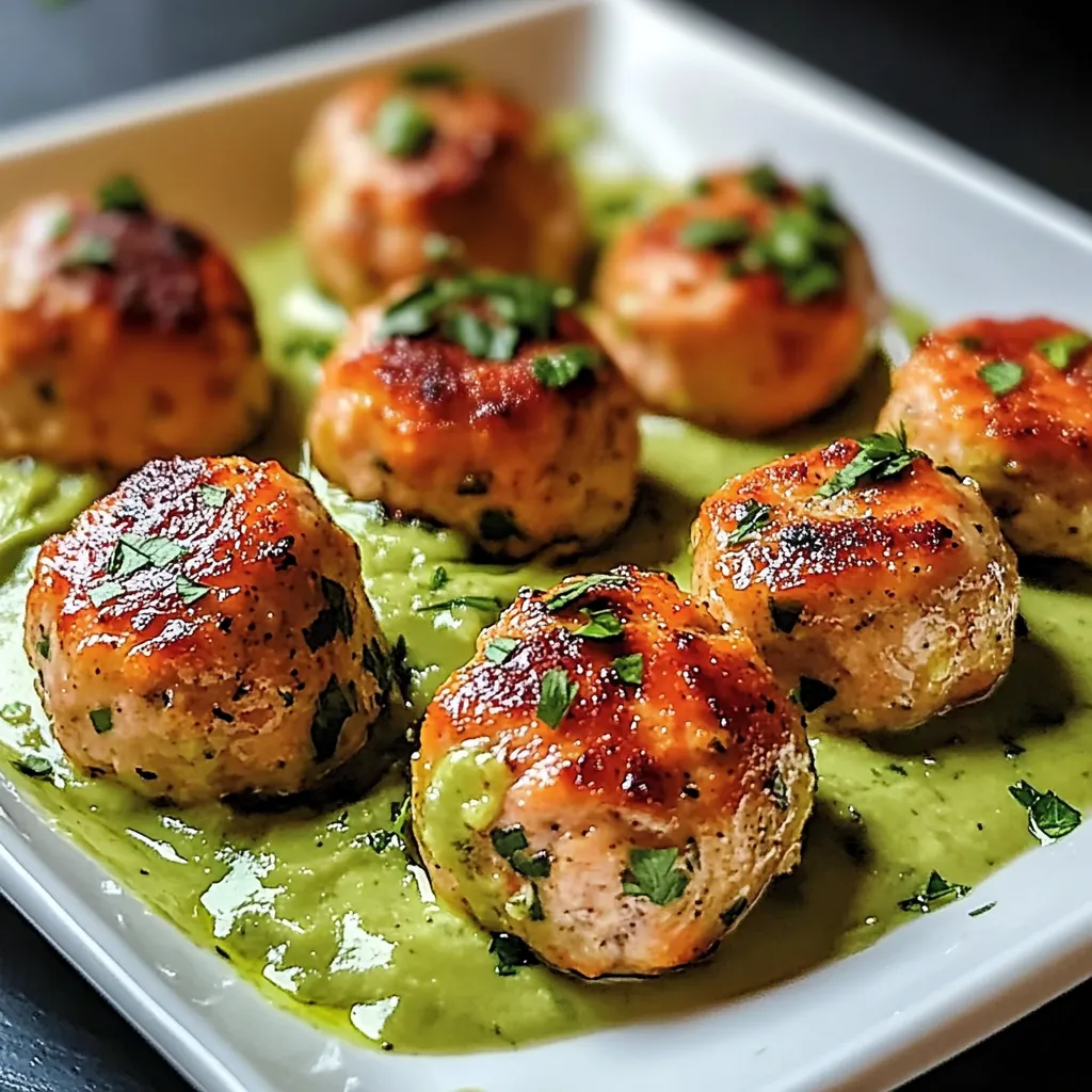 Une assiette de boulettes avec sauce verte.
