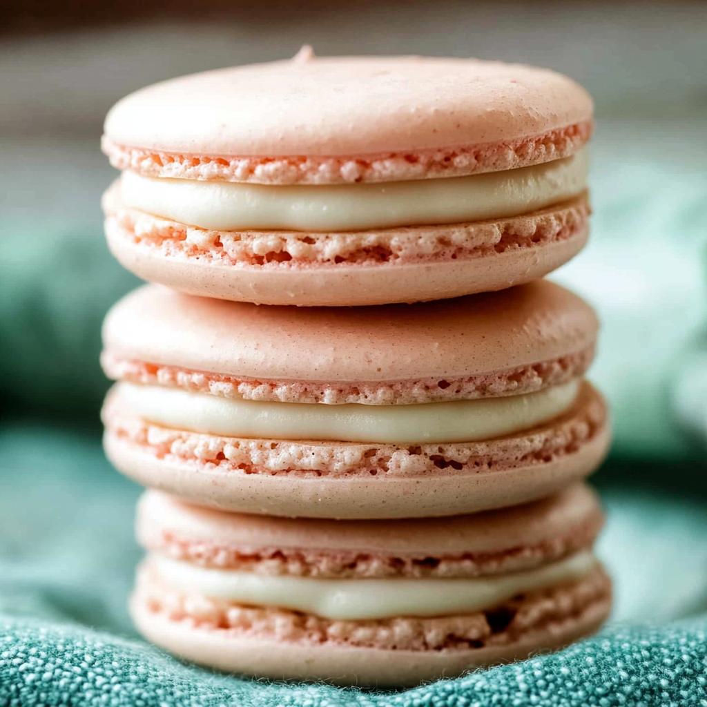 Une pile de macarons roses et blancs.