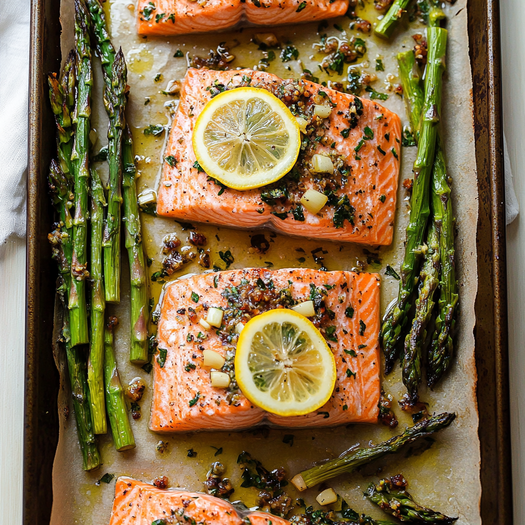 Un plat de poisson au four avec du citron et des herbes.