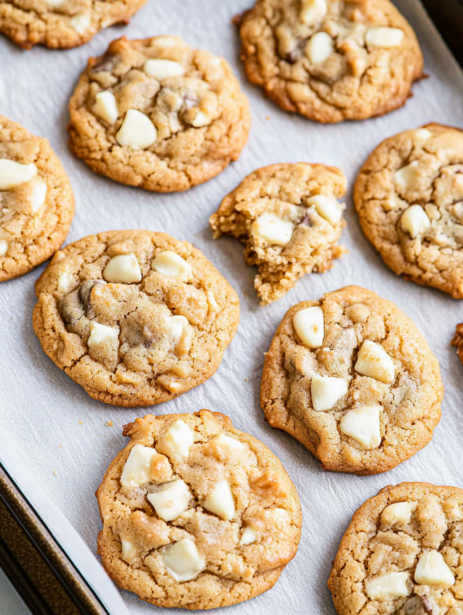 Un plateau de biscuits au chocolat blanc.