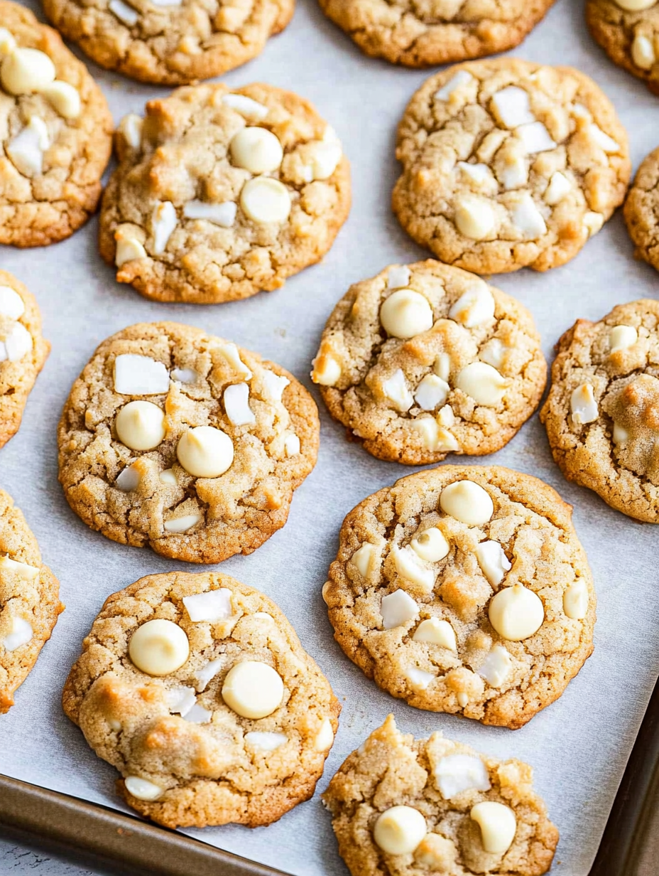 Un plateau de biscuits au chocolat blanc.