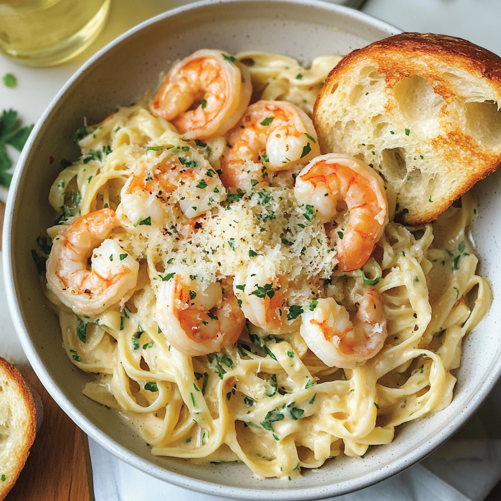 Un bol de pâtes aux crevettes avec une tranche de pain à côté.