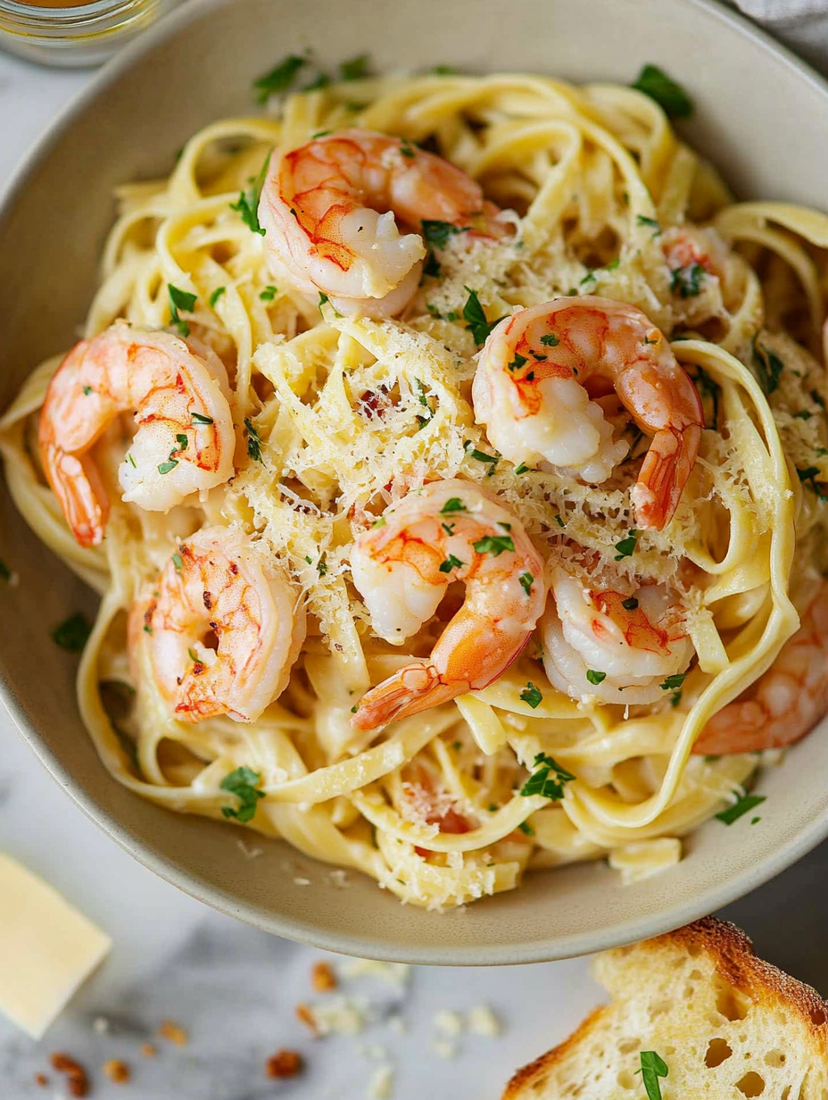 Un bol de crevettes avec des pâtes.