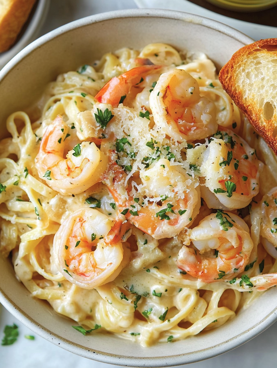Un bol de crevettes avec des pâtes.