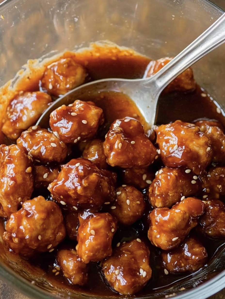 Un bol de poulet nappé de sauce.