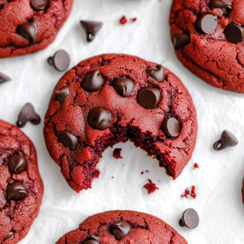 Des biscuits velours rouge avec pépites de chocolat.