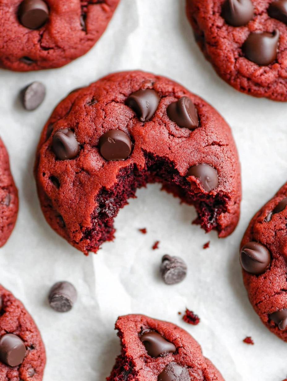 Un cookie rouge aux pépites de chocolat croqué.