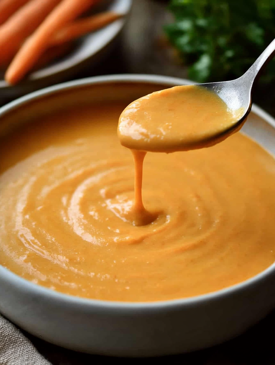 Une cuillère plonge dans un bol de soupe.