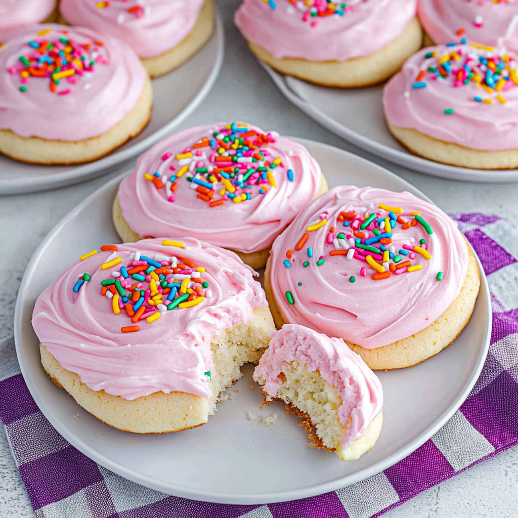 Une assiette de biscuits roses nappés de glaçage et décorés de vermicelles colorés.