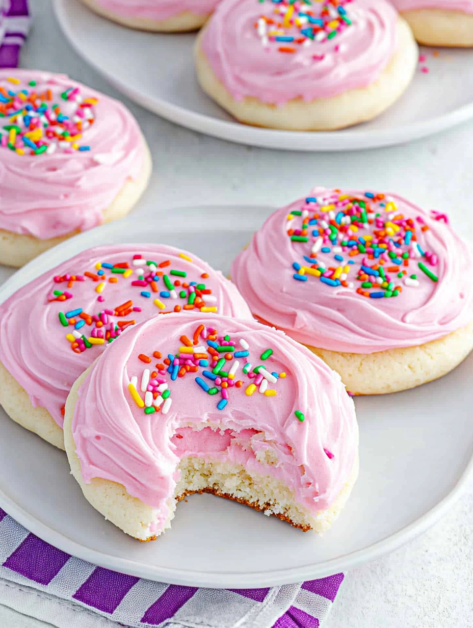 Une assiette de cookies roses avec des vermicelles.