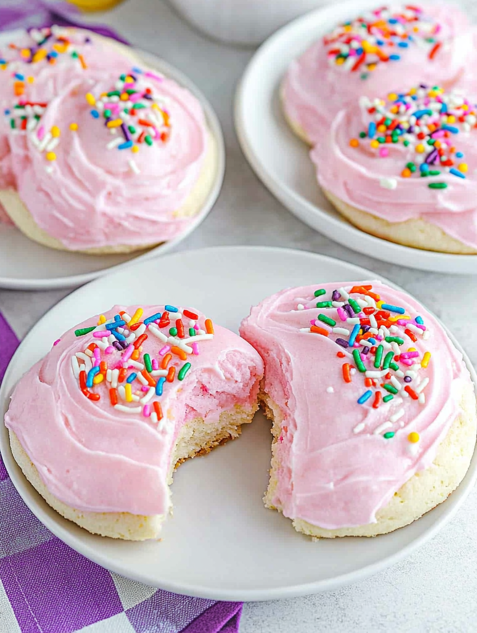 Une part de cookie rose avec des vermicelles.