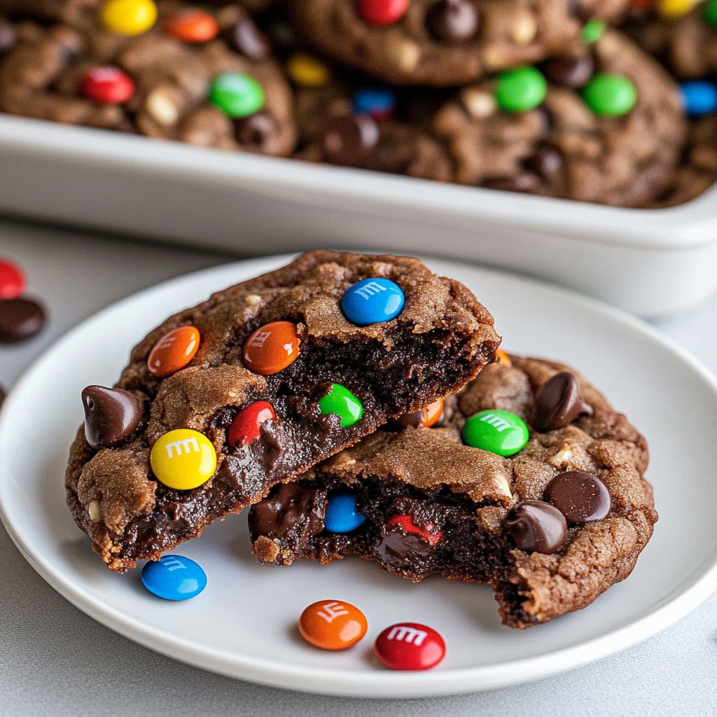 Une assiette de cookies tout chocolat garnis de M&M's colorés sur le dessus.