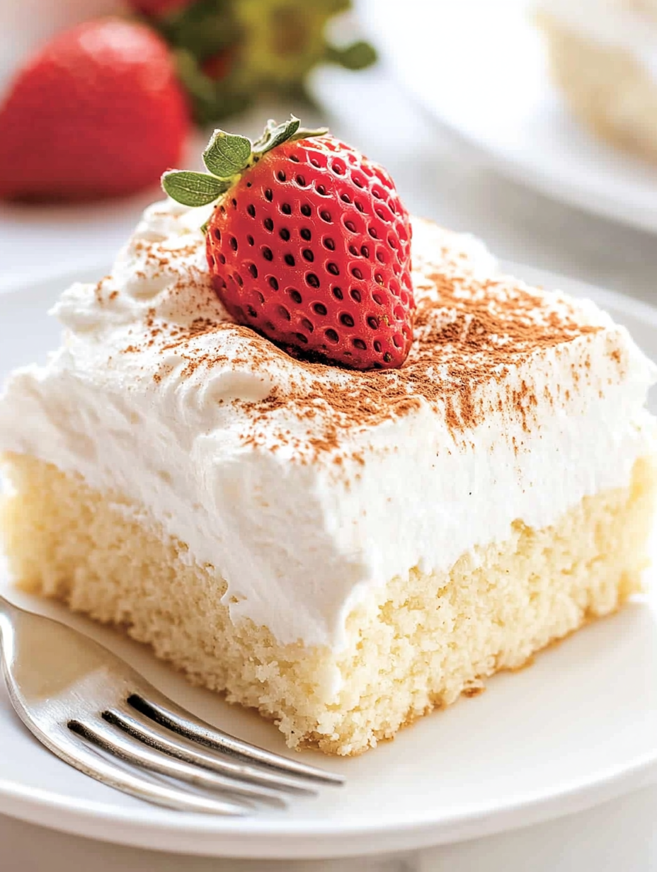 Une part de gâteau surmontée d’une fraise.