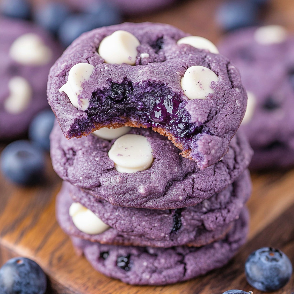 Une pile de cookies violets avec des pépites de chocolat blanc.