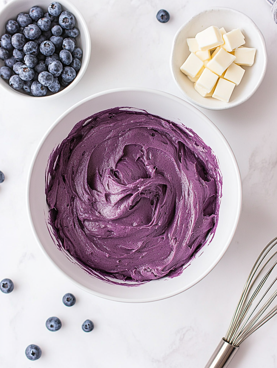 Un bol de glaçage violet avec quelques myrtilles à côté.