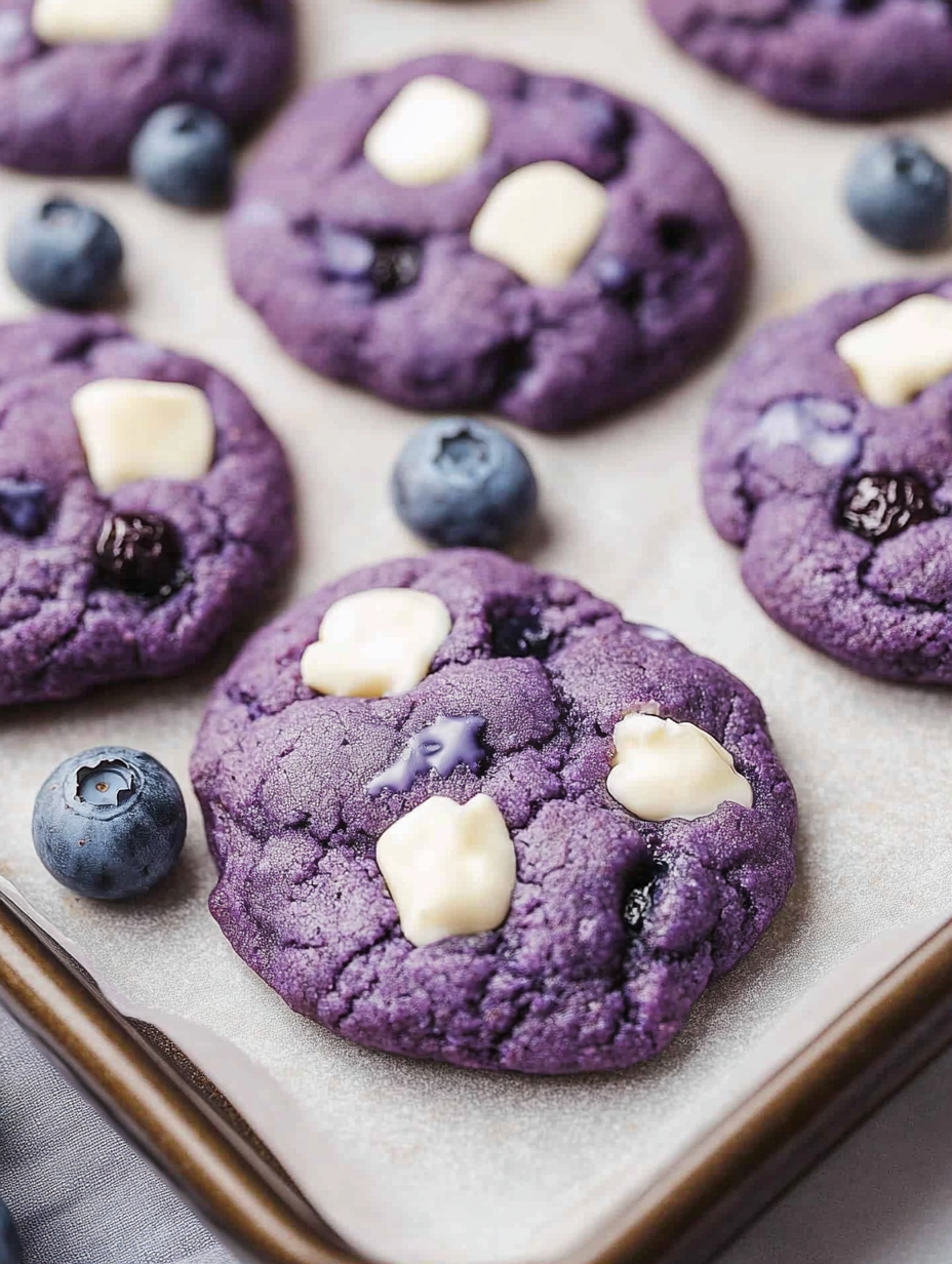 Un cookie violet avec glaçage blanc et des myrtilles.