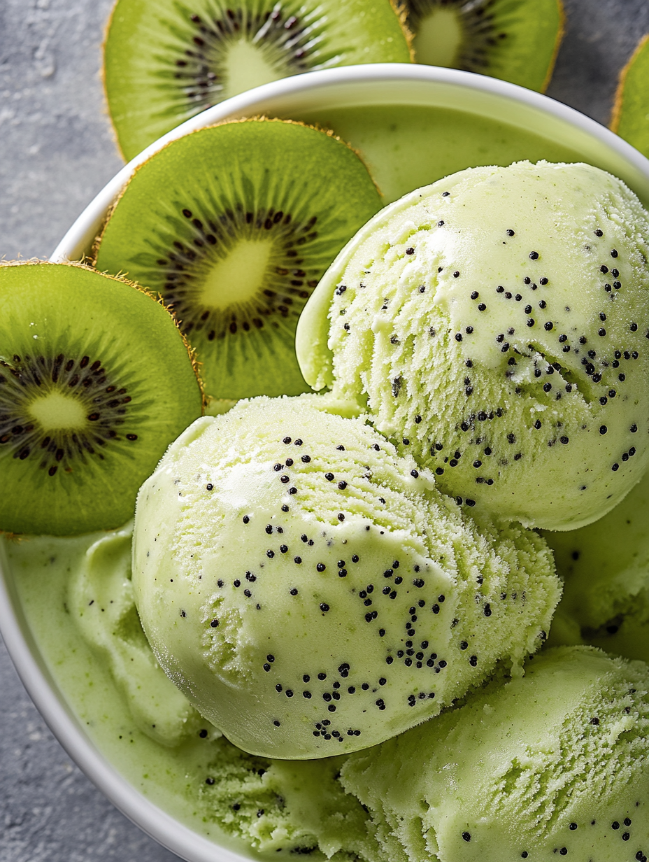 Un bol de glace verte décoré de tranches de kiwi.