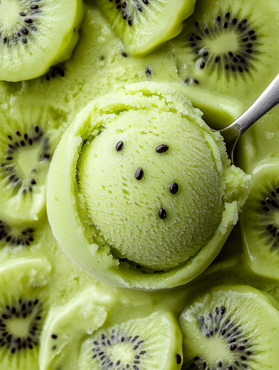 Une boule de glace verte posée sur un kiwi frais.