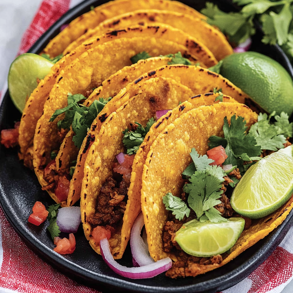 Assiette de tacos garnis d'oignons et de quartiers de citron vert.