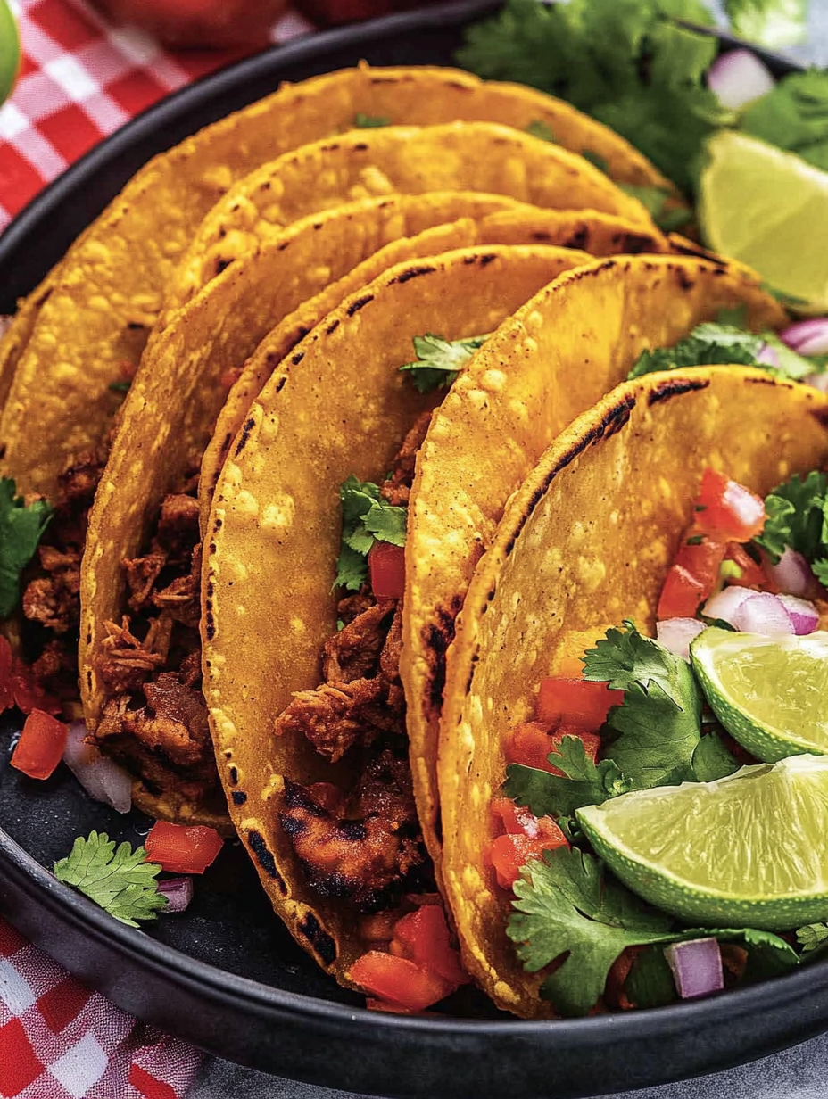 Une assiette de tacos avec des citrons verts et de l’oignon.