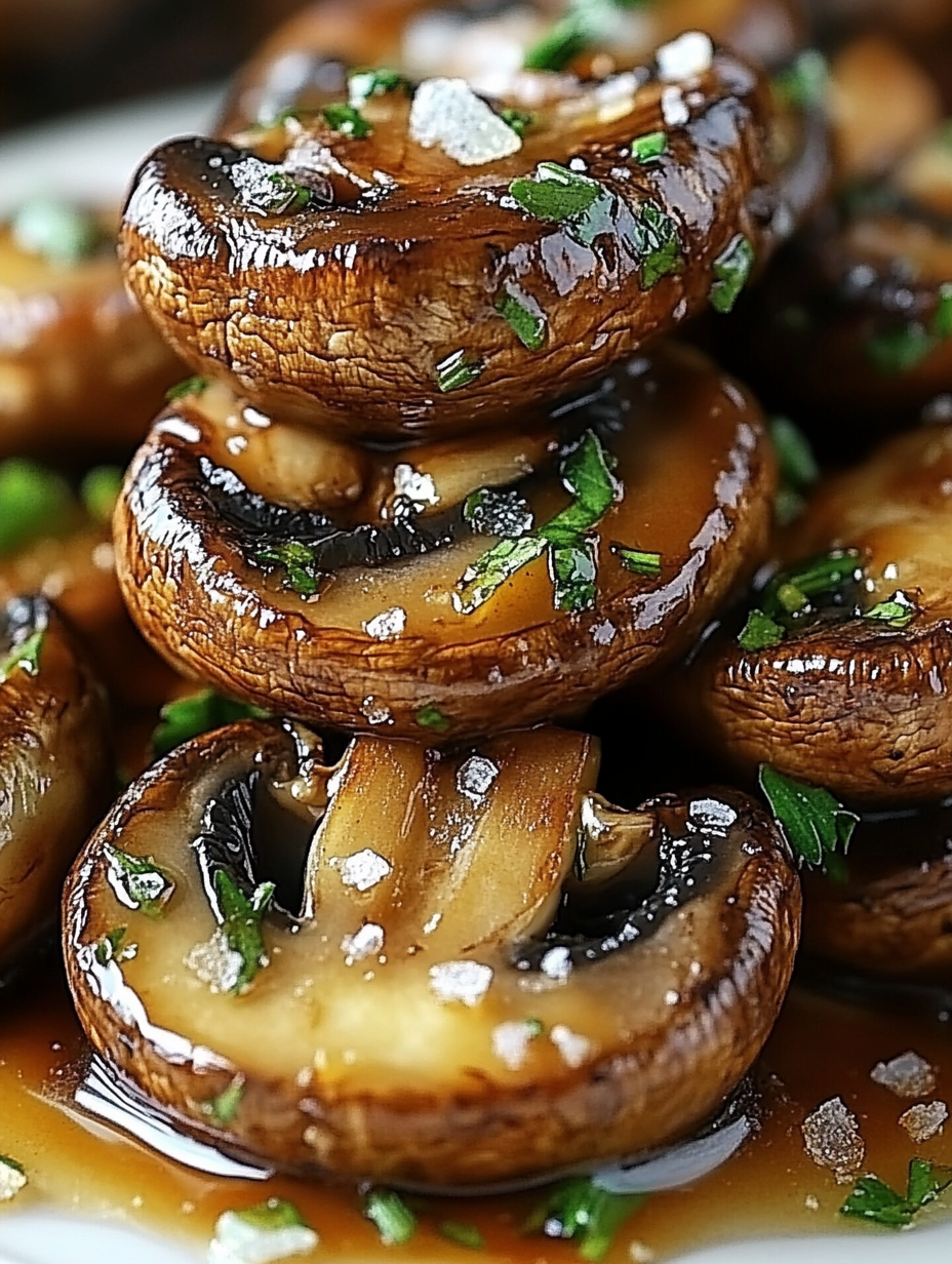 Champignons nappés de sauce dans une assiette.