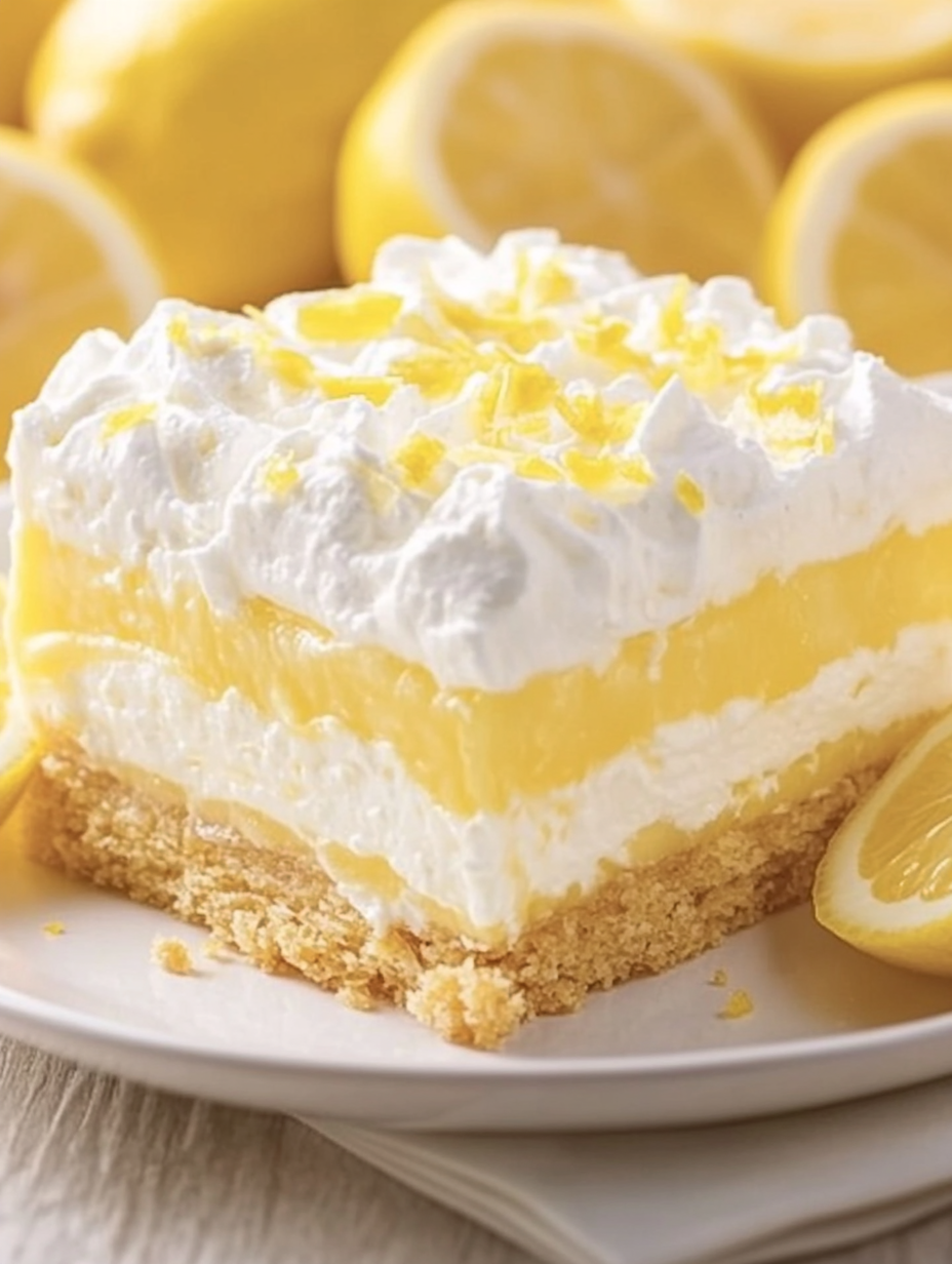 Une part de gâteau citron avec un quartier de citron à côté.