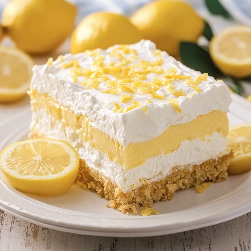 Une part de gâteau citron avec des quartiers de citron dessus.