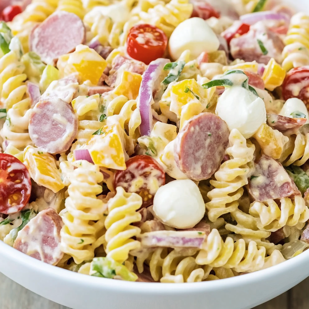 Un bol de pâtes avec viande et légumes.