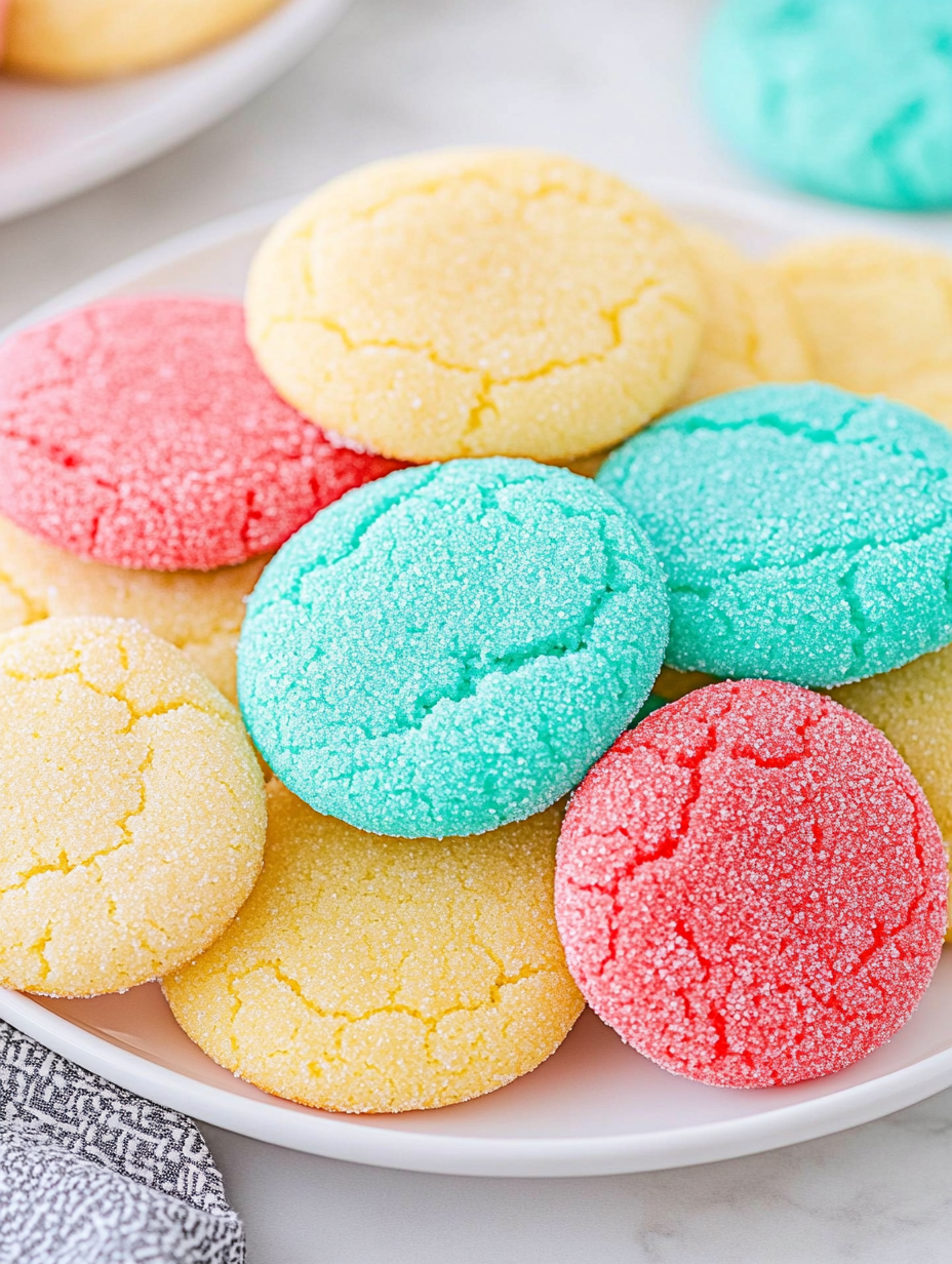 Une assiette pleine de cookies colorés.