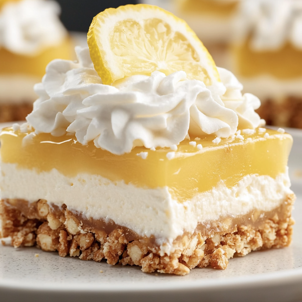 Une part de cheesecake au citron garnie d’une tranche de citron sur le dessus.