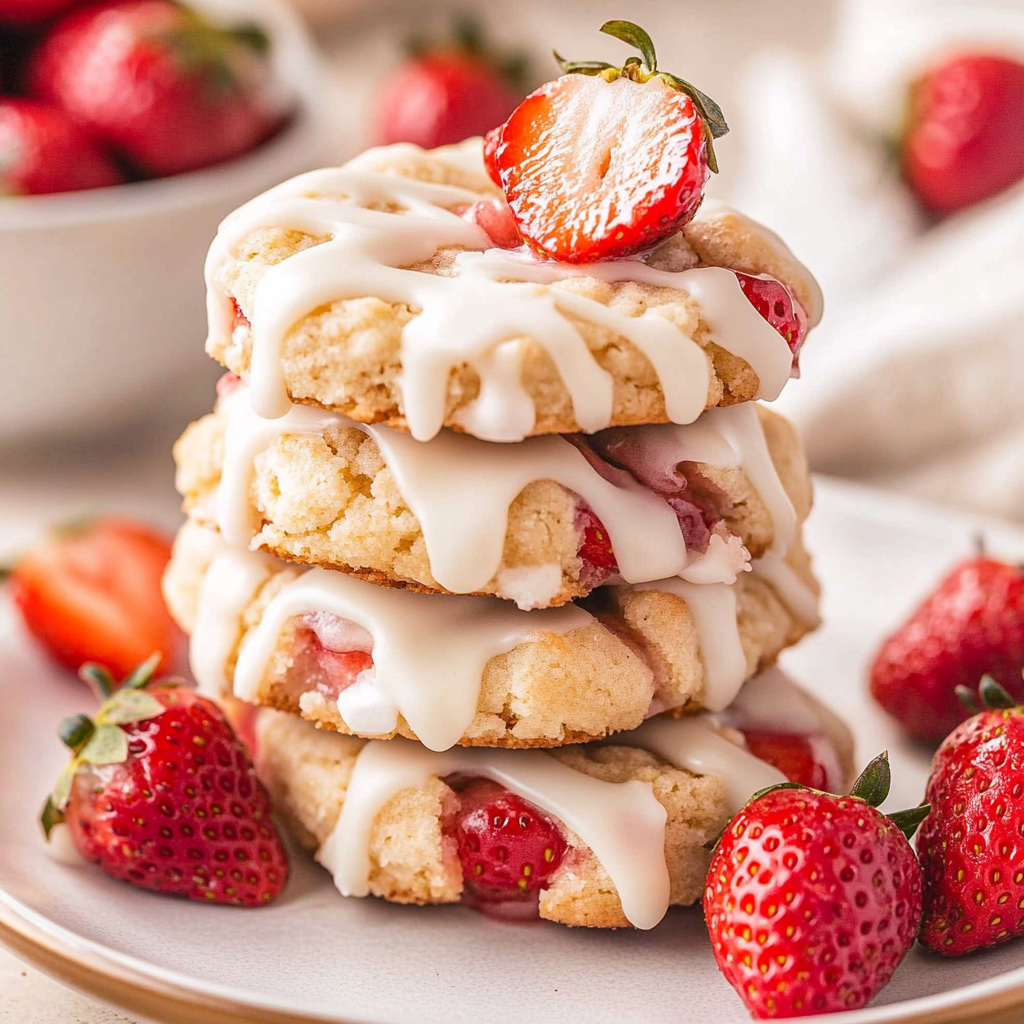 Une pile de cookies surmontée de fraises fraîches.