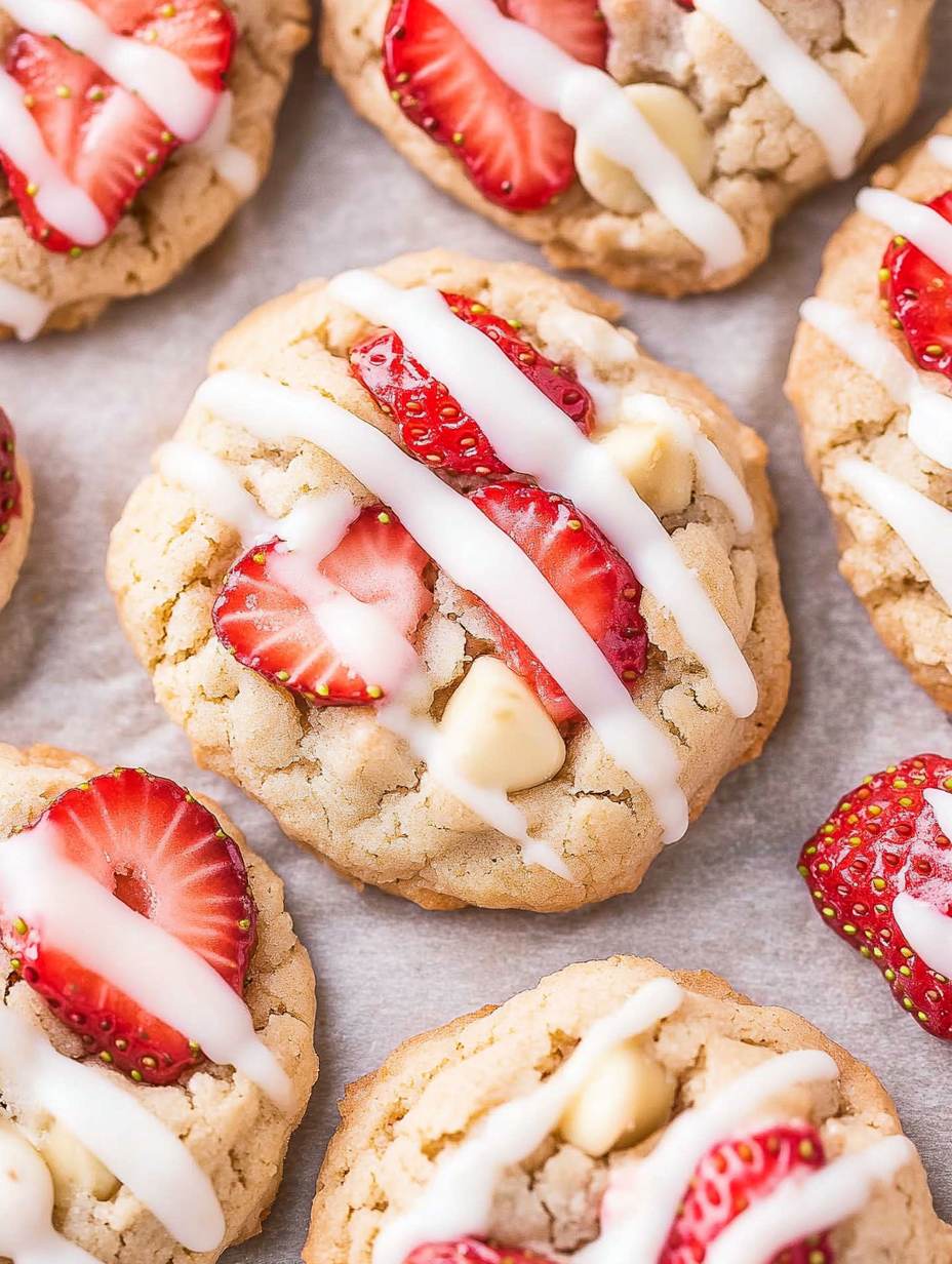 Un cookie nappé de glaçage blanc et de morceaux de fraises.