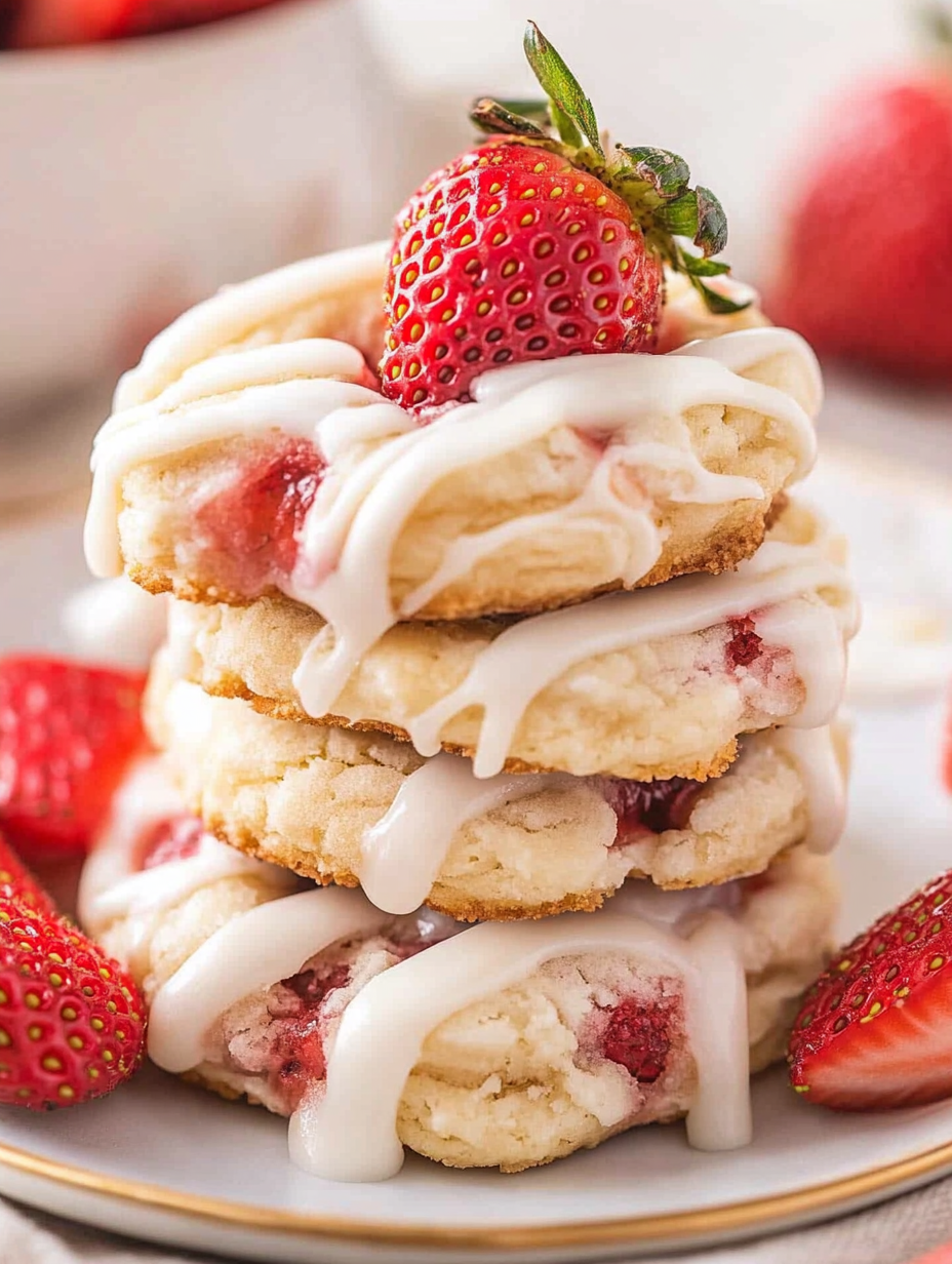 Une pile de cookies nappés de glaçage blanc et de fraises fraîches.