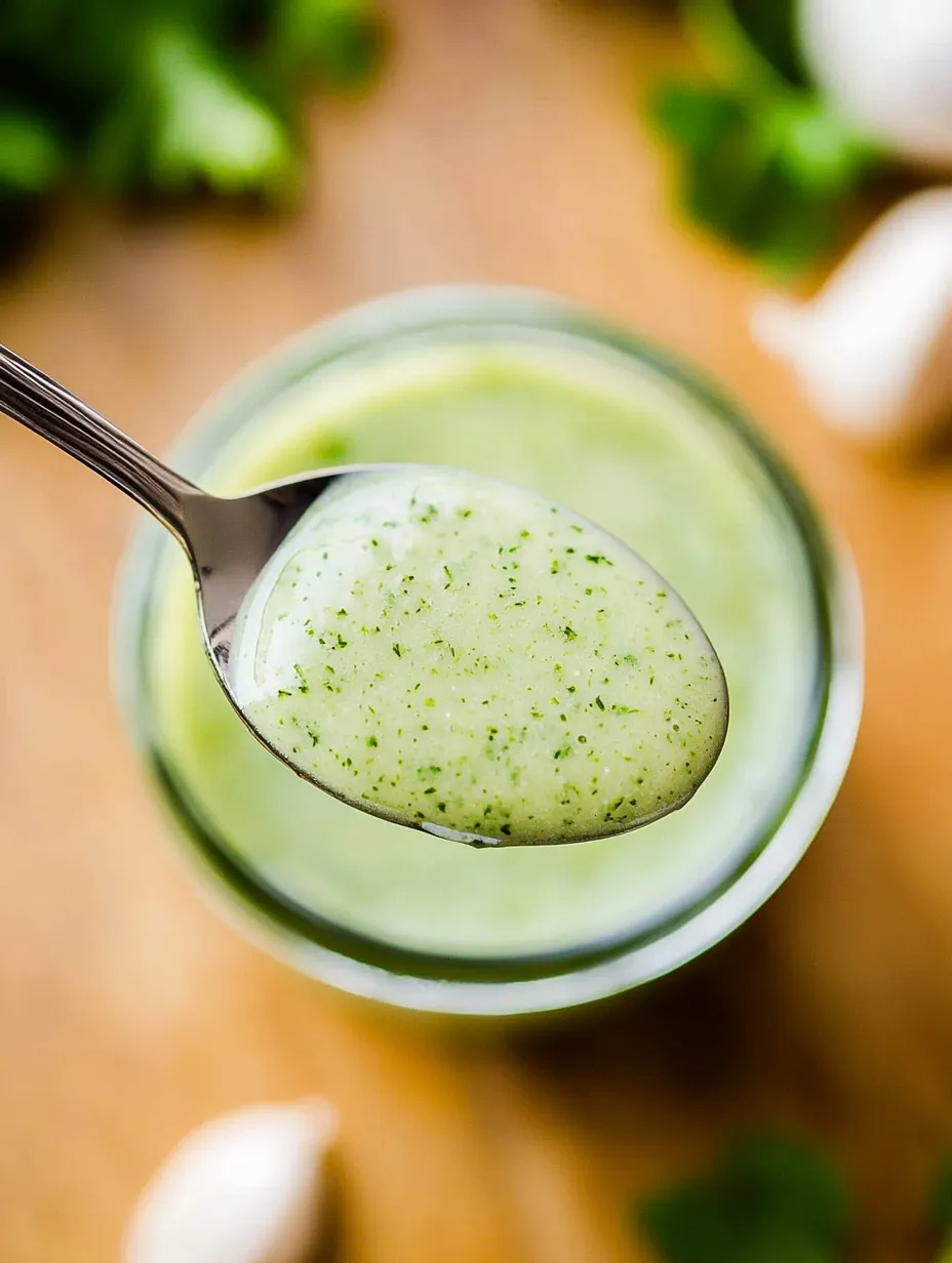 Une cuillère plongée dans un liquide vert dans un verre.