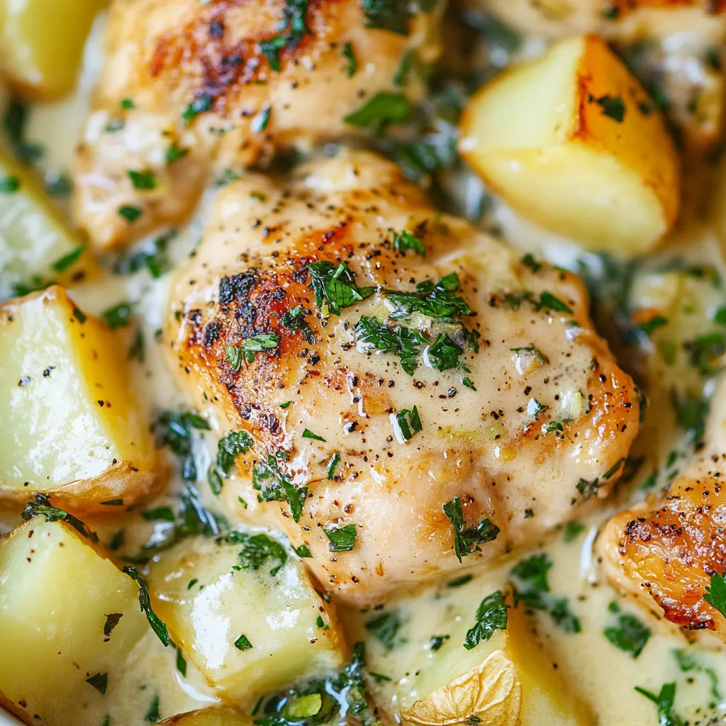 Poulet avec pommes de terre et herbes.
