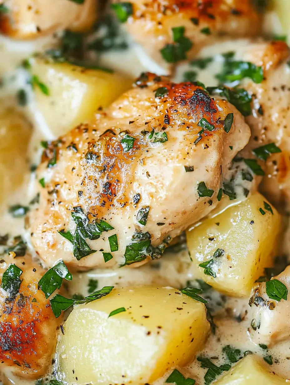 Poulet avec pommes de terre et herbes.