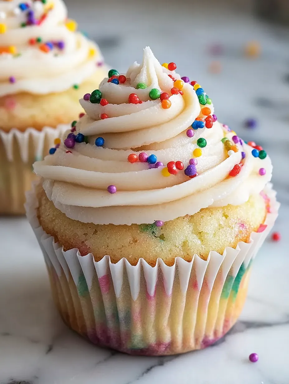 Un cupcake tout blanc avec glaçage et décoré de pépites colorées.