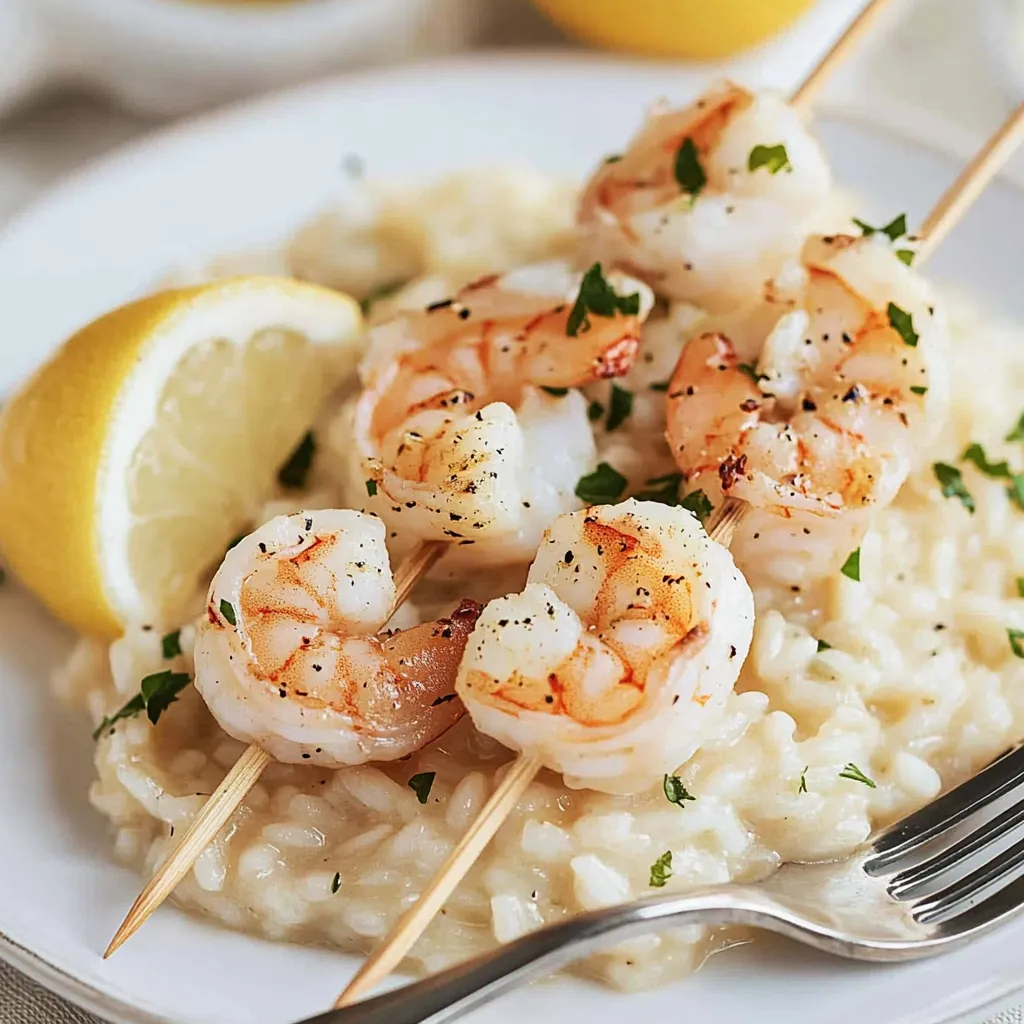 Une assiette de riz au citron avec des crevettes et une fourchette, posée à côté d’un quartier de citron.