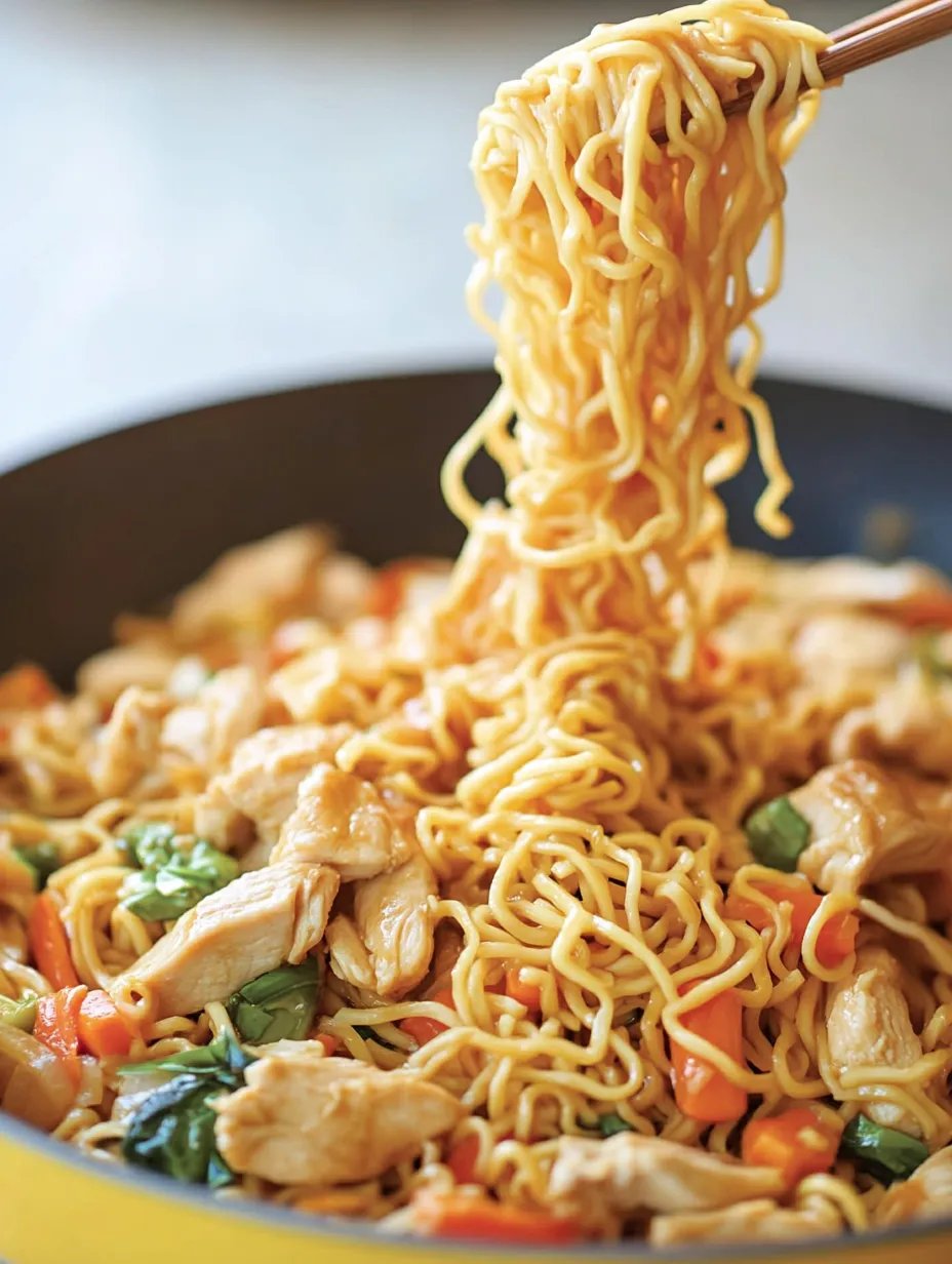 Un bol de nouilles avec poulet et légumes.