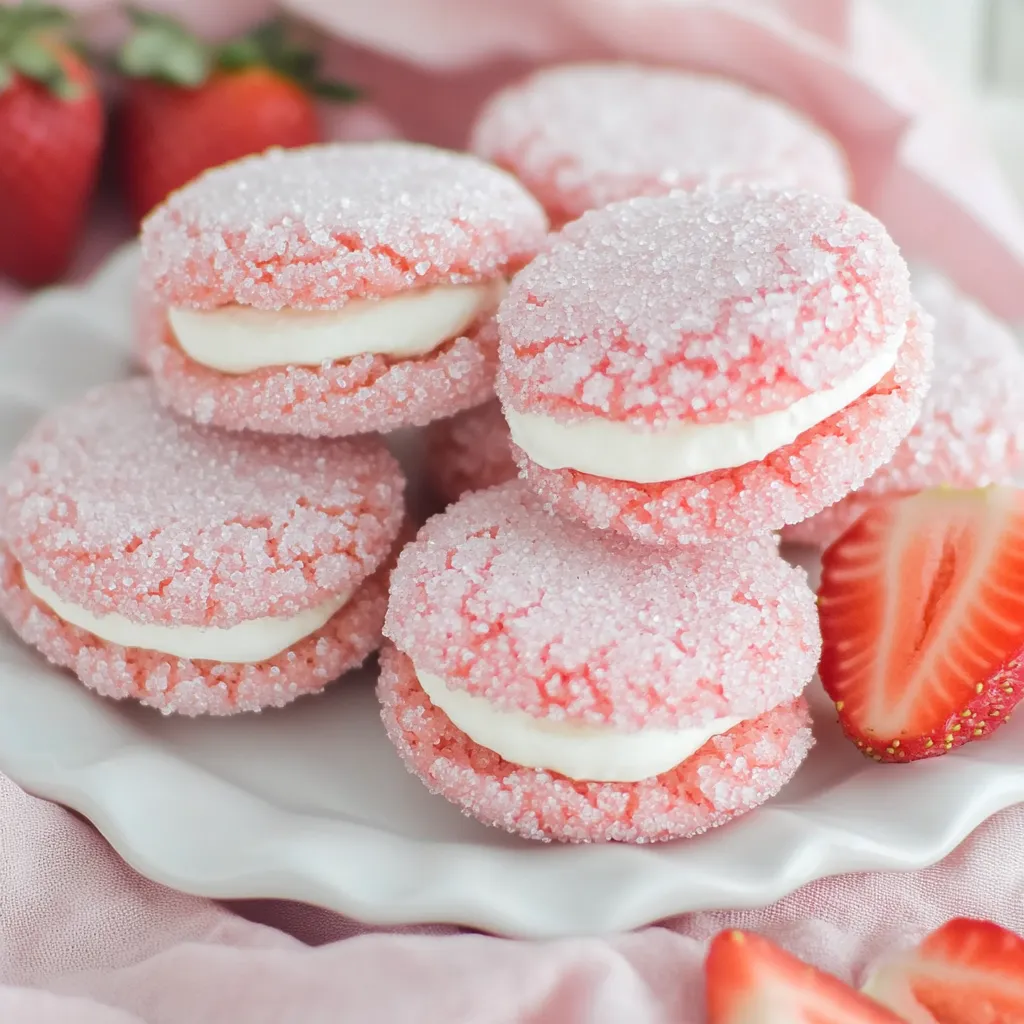 Une assiette de biscuits roses et blancs avec des fraises à côté.