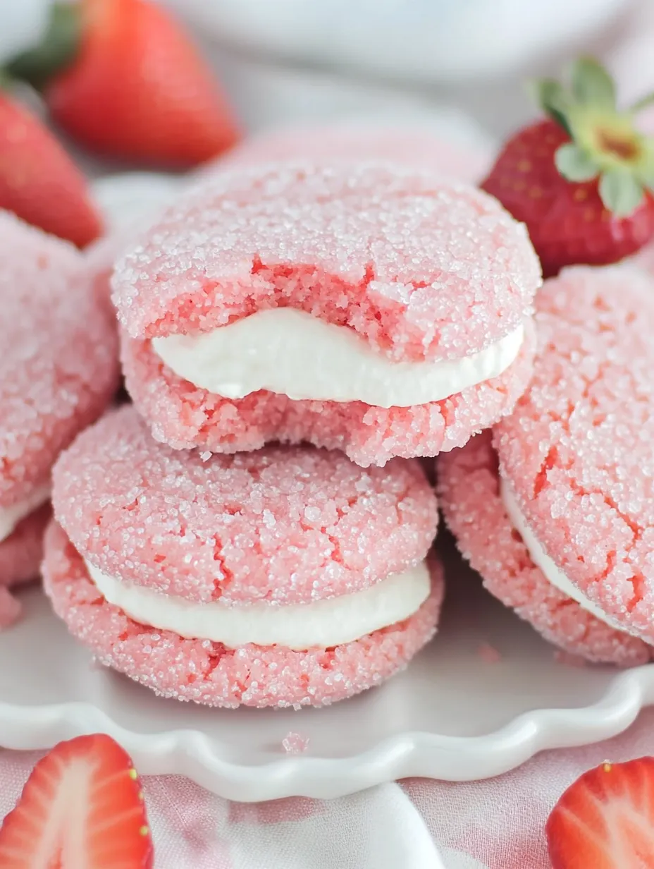 Une assiette de biscuits roses et blancs.