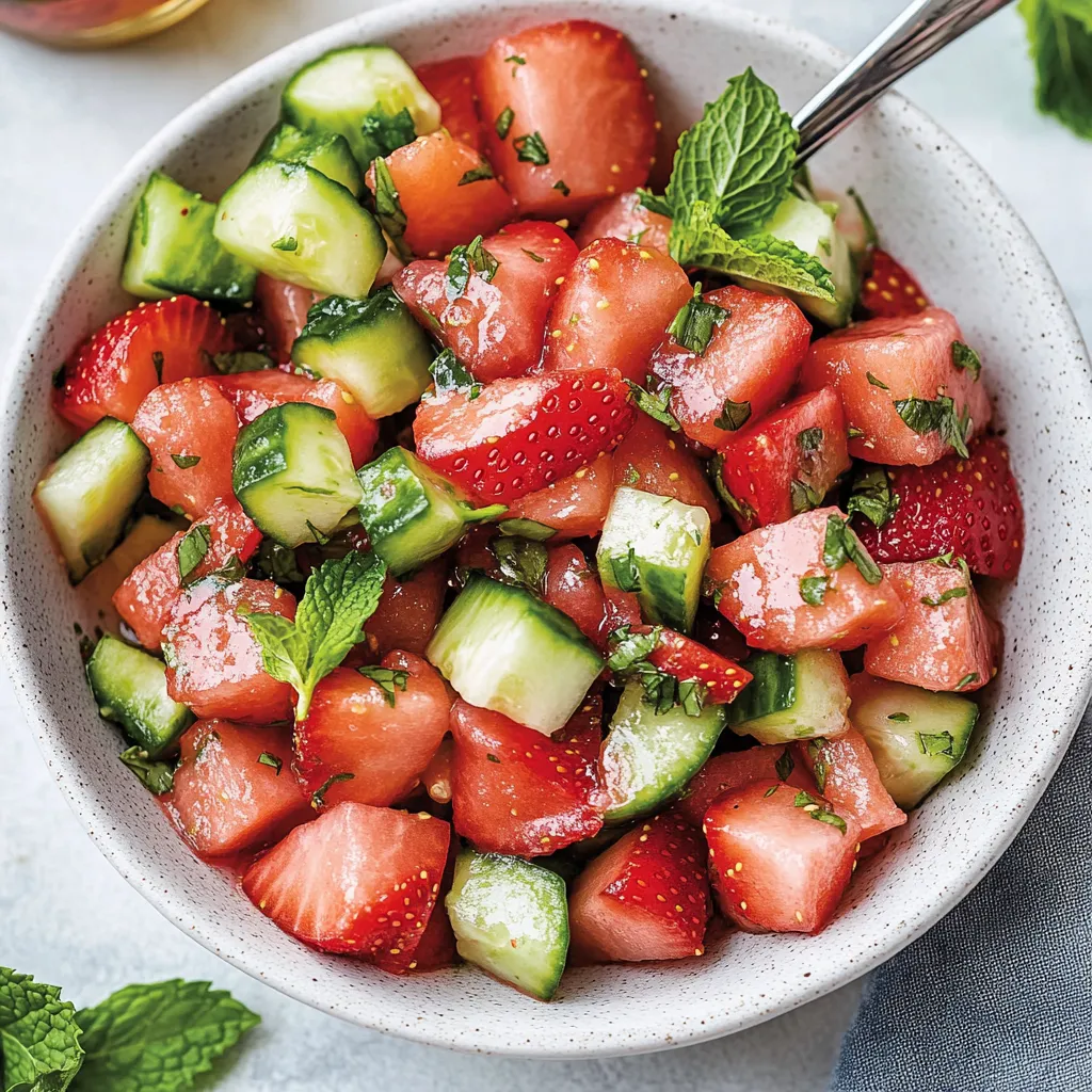 Un bol de salade de fruits avec fraises, concombres et tomates.