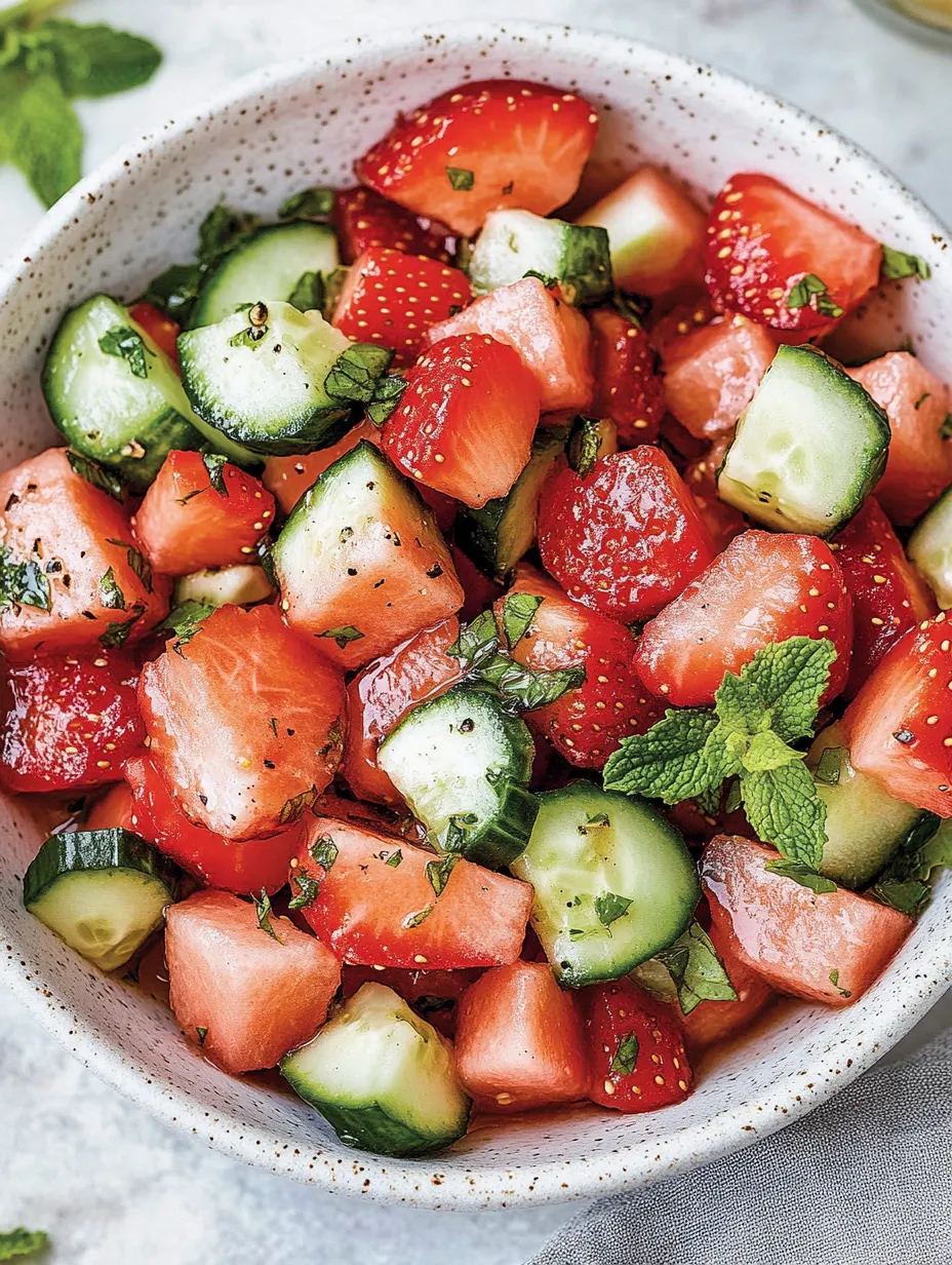 Un saladier rempli de pastèque, fraises et concombres.